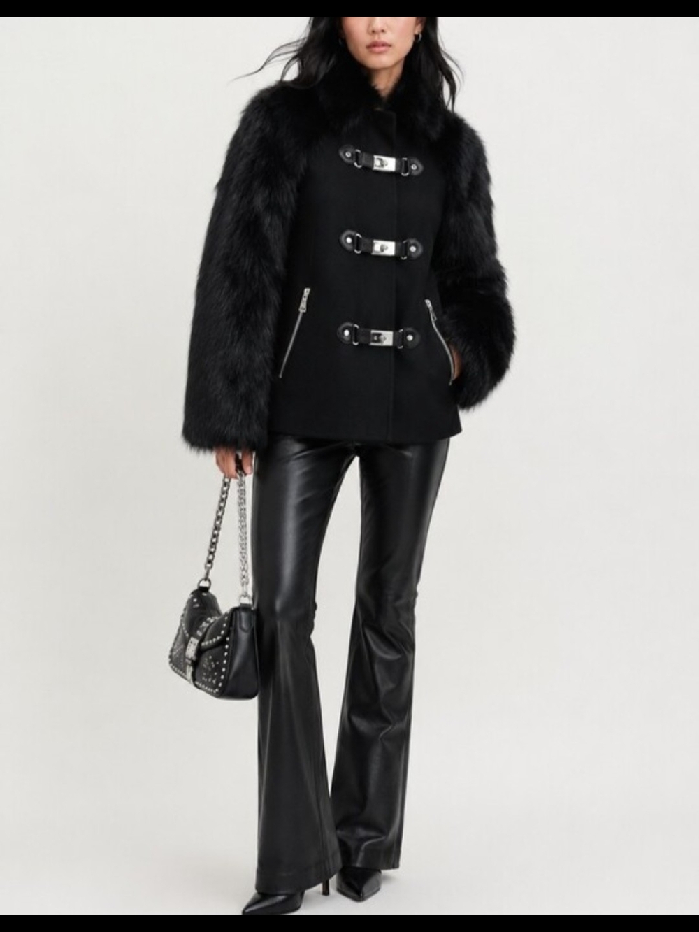 Michael Kors Wool + Faux Rabbit Fur Buckle Toggle Coat